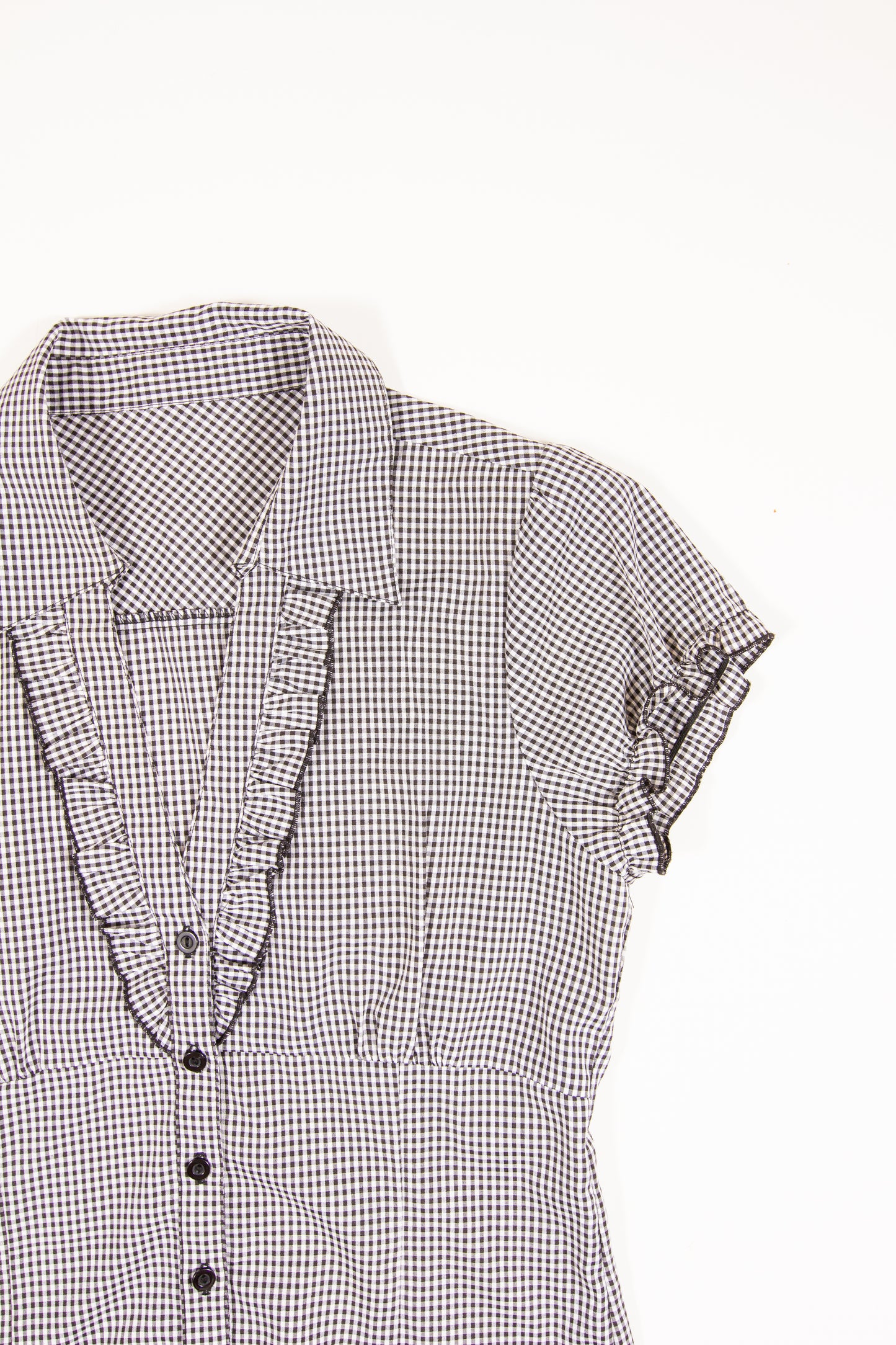00s Black + White Check Frill Button Up Short Sleeve Top