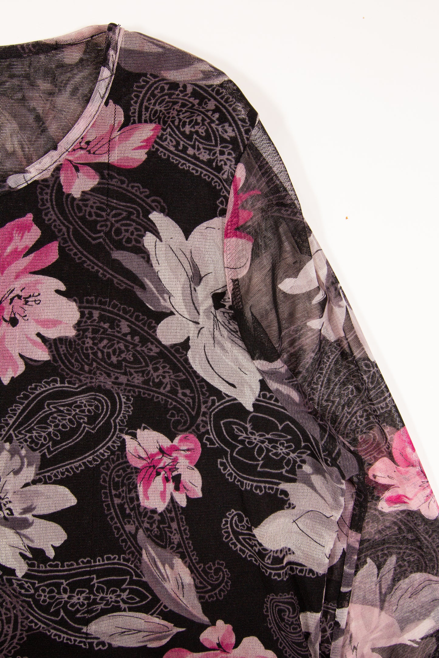 Black + Pink Floral Paisley Sheer Lettuce Hem Long Sleeve Top