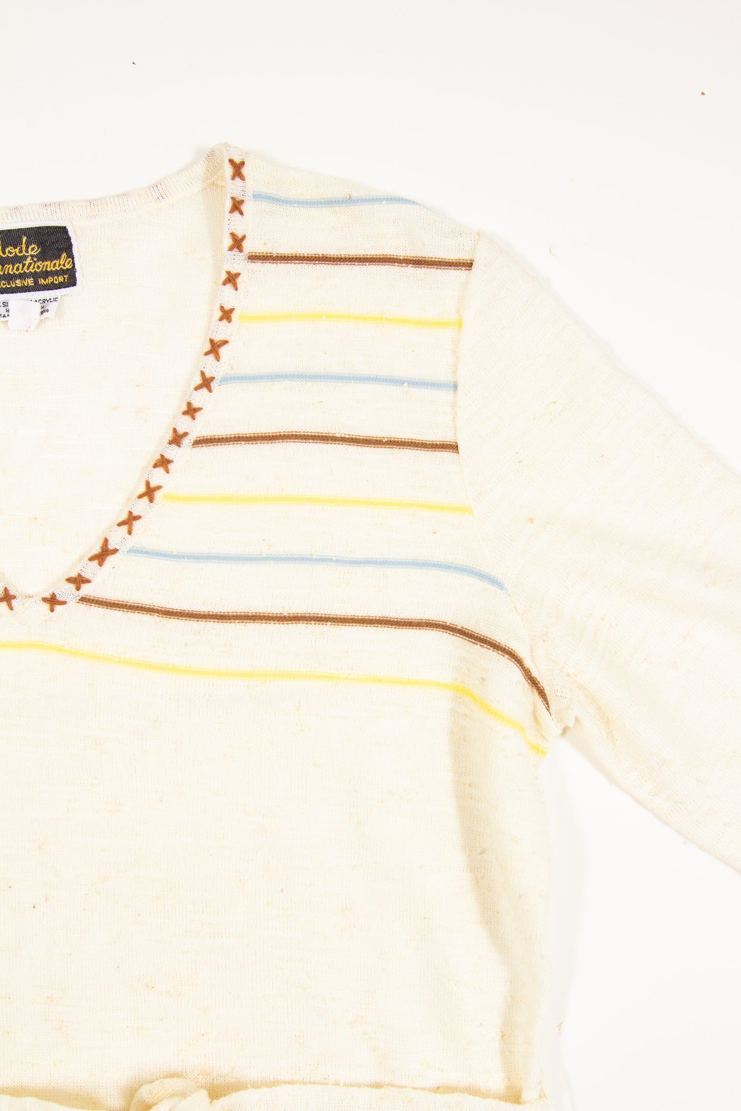 70s Cream Brown Striped V Neck Knit Top with Belt